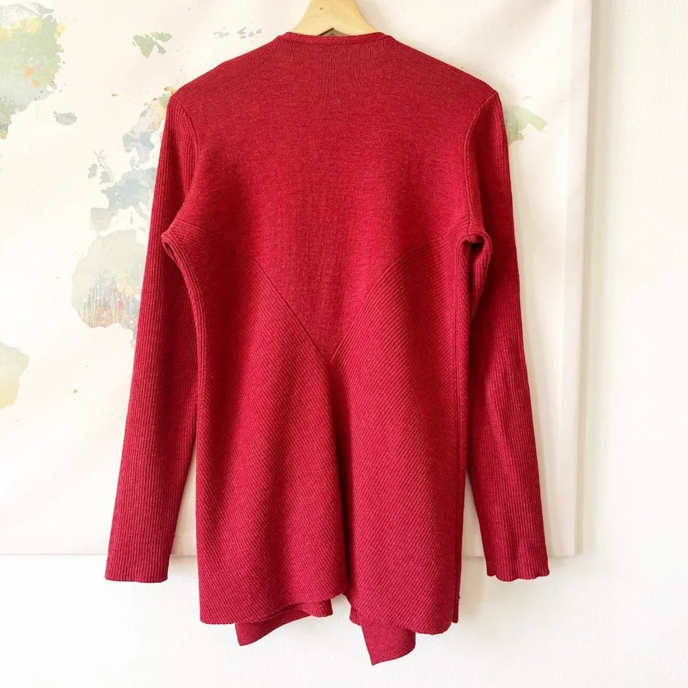 Eileen Fisher Sweater Size Medium Cardigan Red Wool Open Front Ribbed Draped - Picture 8 of 10